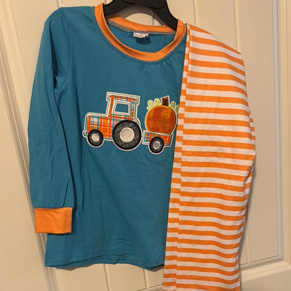 Kids Blue and Orange Tractor Shirt with Pumpkin nwot
